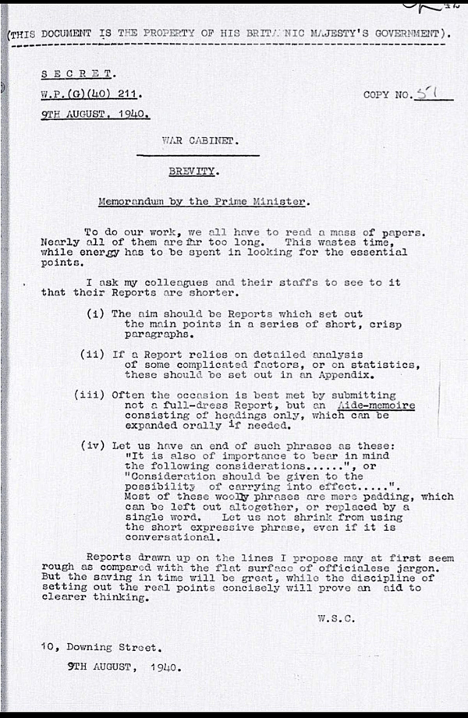 A picture of Winston Churchills memorandum on brevity.