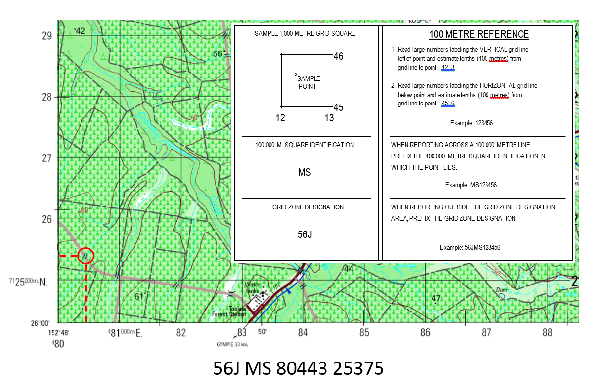 A map with grid references.