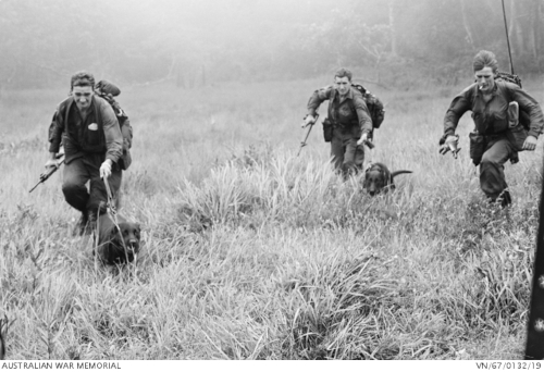 Photo of soldiers using a tracking dog in the Vietnam War.