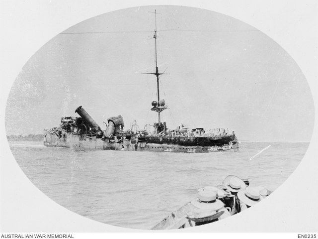 A broadside view of the wrecked German raider Emden after her encounter with HMAS Sydney near Cocos Island.