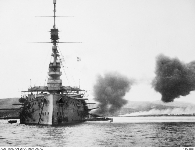 A fairly common sight for the Anzacs during the Gallipoli campaign – a British warship shelling the Turks. Here the battleship HMS Cornwallis is firing at Turkish positions on 20 December 1915, the day after the final evacuation.