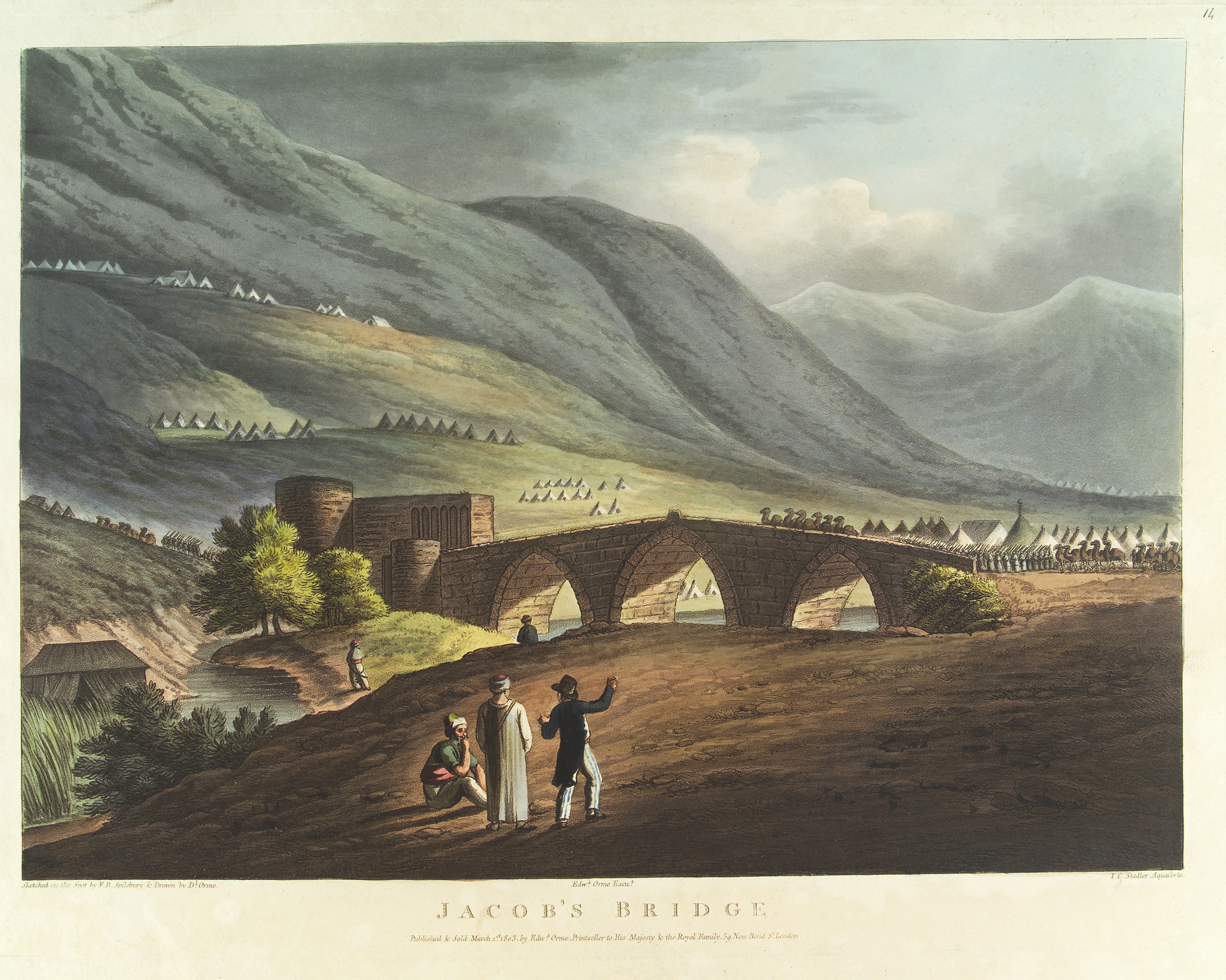 Jacob's Bridge, between the lakes of Tiberia, with the tents of the British Army pitched on the mountain side and the tents of the and the Aga of the Janisaries, c. October 1799, during the Defence of the Ottoman Empire against General Bonaparte