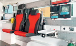 Removable seats with 5-point harnesses on wall mounted brackets. Also shows storage solution concepts