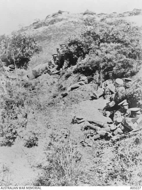 A rough firing line formed by the 3rd Battalion at "The Death Trap", an exposed position near Lone Pine