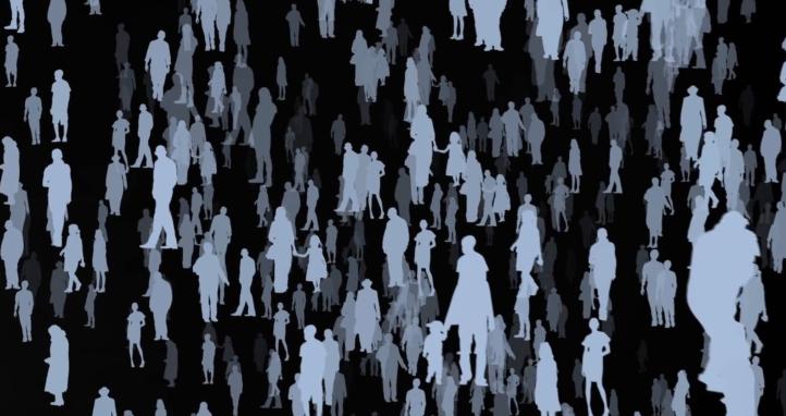 Figures of people scattered on a black background.