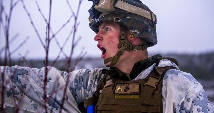 Soldier yelling in the snow.