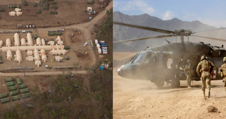 Overhead photo of army tents alongside a photo of a medical helicopter.