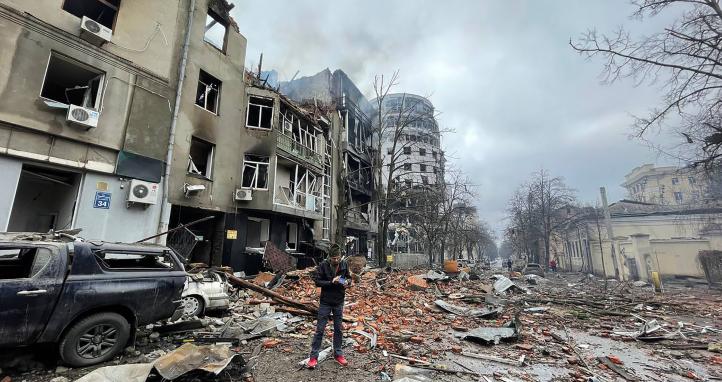 Person standing on the street in Kharkiv, Ukraine.