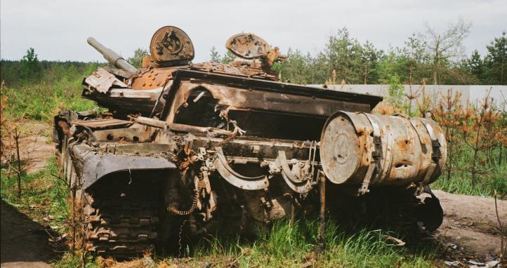 A burnt out tank.