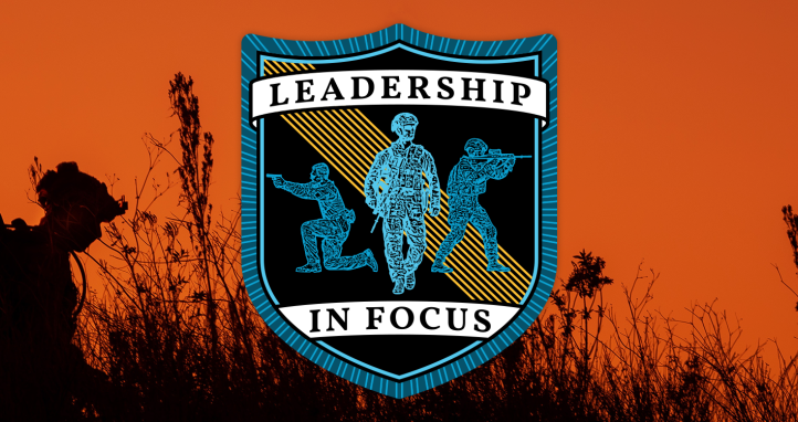 Leadership in Focus podcast logo with soldier walking through bush in background.