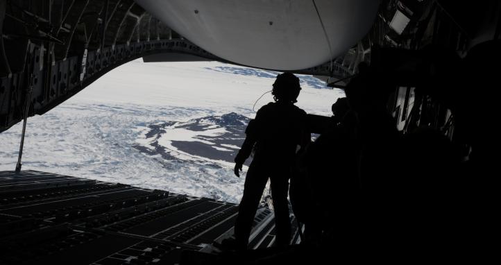 An Airman preparing for airdrop to Bunger Hills in Antarctica.