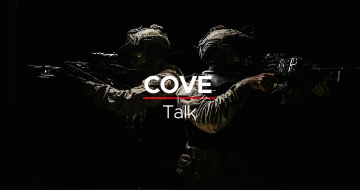 Two soldiers holding guns with the CoveTalk logo.