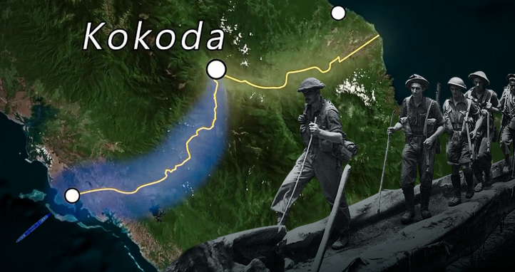 A map of the Kokoda Track with soldiers walking across a bridge.