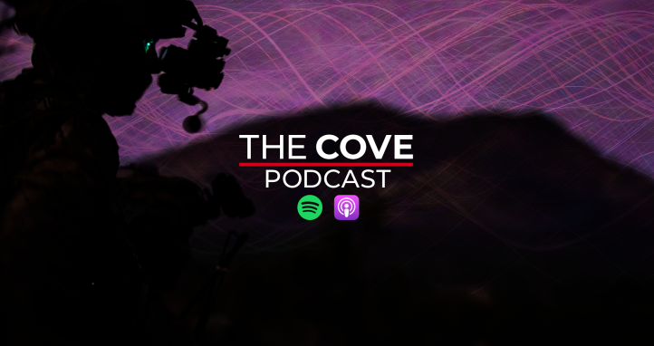 The Cove Podcast logo on top of a soldiers outline.