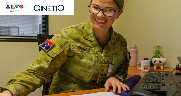 Soldier studying with Alto and QintetiQ logos