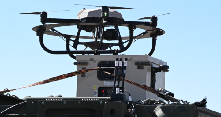 Project Convergence Capstone Four (PC-C4). A United States tethered Hoverfly drone on top of a Stryker Vehicle.