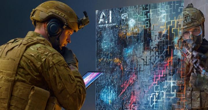 An AI generated soldier working on a technological device.