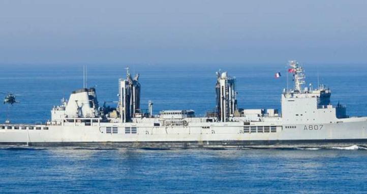 The French Navy Durance-class replenishment oiler Meuse at sea.