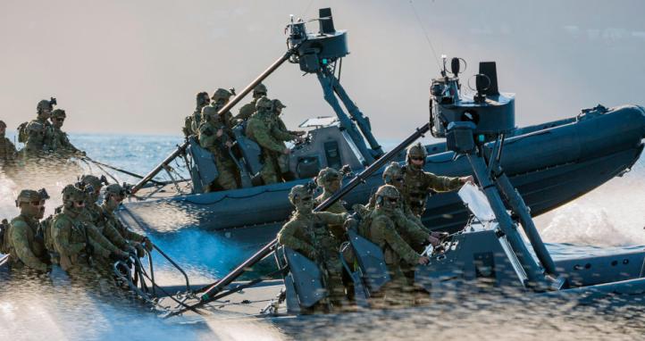 Australian Army soldiers from 2nd Commando Regiment move out towards an off-shore target in rigid-hulled inflatable boats (RHIB) during counter-terrorism training in Sydney in May 2019.