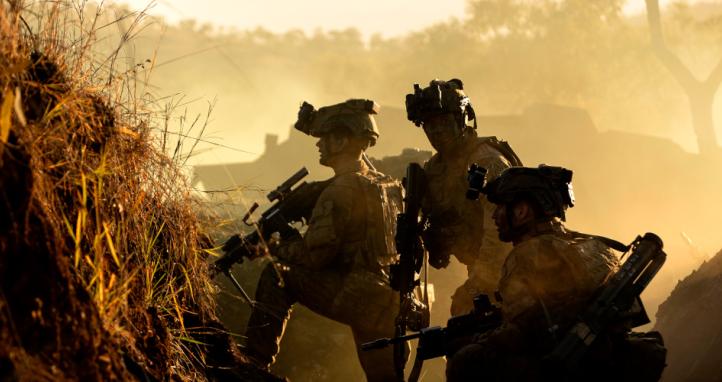 Australian Army soldiers from 3rd Battalion, The Royal Australian Regiment conduct an assault on the enemy main defensive position during Exercise Brolga Run 23 at Townsville Field Training Area, Queensland.