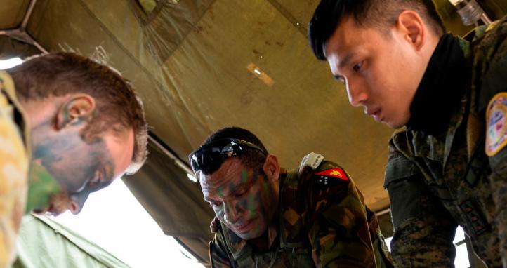 Officers from the Australian Army, Papua New Guinea Defence Force and the Malaysian Armed Forces plan during exercise Talisman Sabre, Queensland on 21 July 2025.
