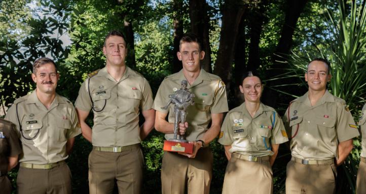 Chief of Army Lieutenant General Simon Stuart, AO, DSC, and Regimental Sergeant Major-Army, Warrant Officer Kim Felmingham, NSC, OAM, with the recipients of the Jonathan Church Good Soldiering award in Canberra.