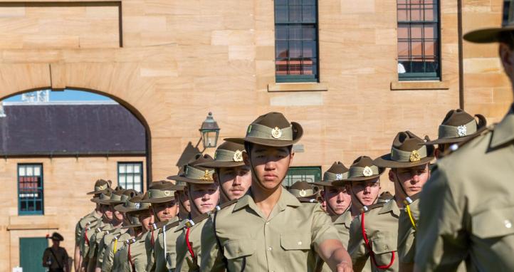 New Army Reserve part-time officers march to commence their graduation ceremony.