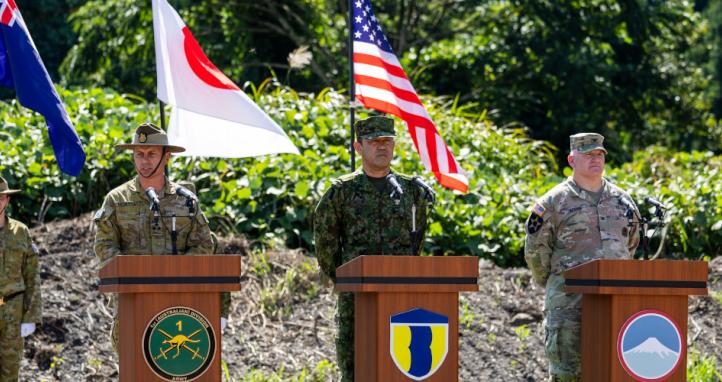 Commander 3rd Brigade, Australian Army, Brigadier Ben McLennan delivers remarks along-side Commanding General of the Japan Middle Army 3rd Division, Lieutenant General Sato and United States Army Japan, Colonel Joseph Jackson during the closing ceremony of Exercise Orient Shield 2025, at the Sekiyama Training Area in Japan.
