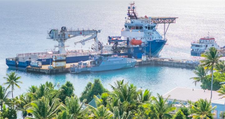 ADV Reliant alongside Funafuti during a port visit to Tuvalu, sharing the wharf with HMTSS Te Mataili III.