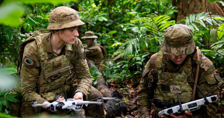 Australian Army soldiers prepare to fly a drone for reconnaissance.