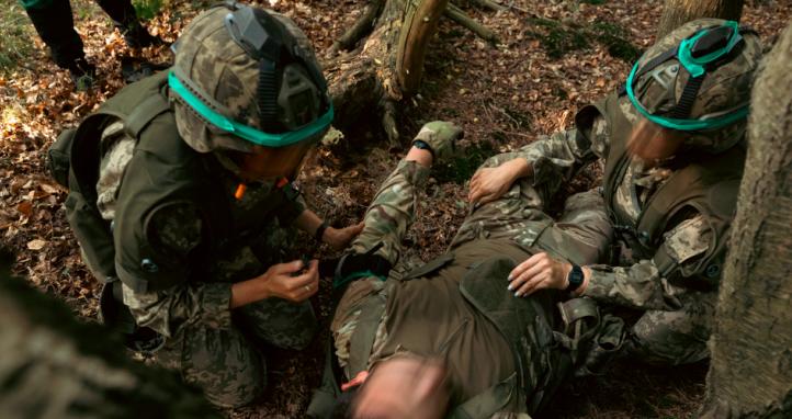 Armed Forces of Ukraine soldiers conduct first aid before a trench clearance serial as part of OP KUDU Rotation 10 in the United Kingdom.