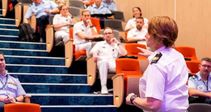 Warrant Officer of the Navy, Deb Butterworth OAM, CSM and Bar, speaks at the Chief of Defence Force Leadership Forum at RAAF Base Amberley in Queensland.