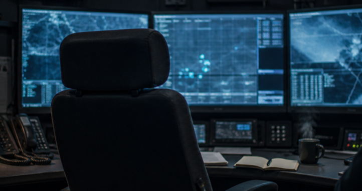 An empty chair in front of monitors