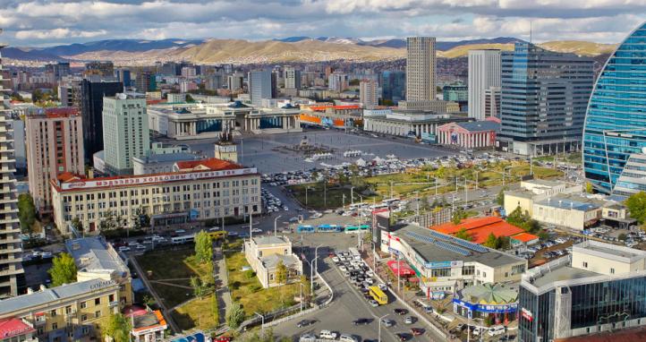 View of Ulaanbaatar in Mongolia, with the Blue Sky Tower.