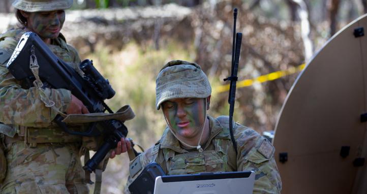 An Australian Army Officer uses a laptop during Regimental Officer Basic Training.