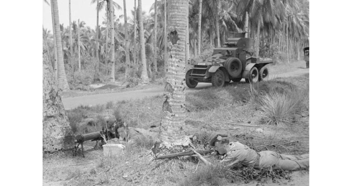 Men of the 2nd Argyll and Sutherland Highlanders training with a Lanchester six-wheeled armoured car in the Malayan jungle, 13 November 1941.