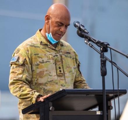 Chaplain Mau Monu leads a thank you service on behalf of the Tongan Government and people at Vuna Wharf.