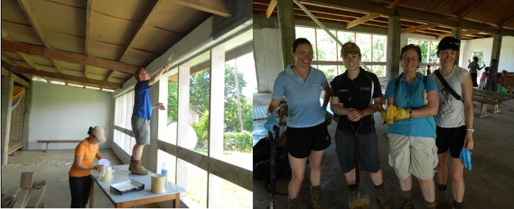 LT COL Gasteen (left) and Australian and New Zealand soldiers painting a local church.