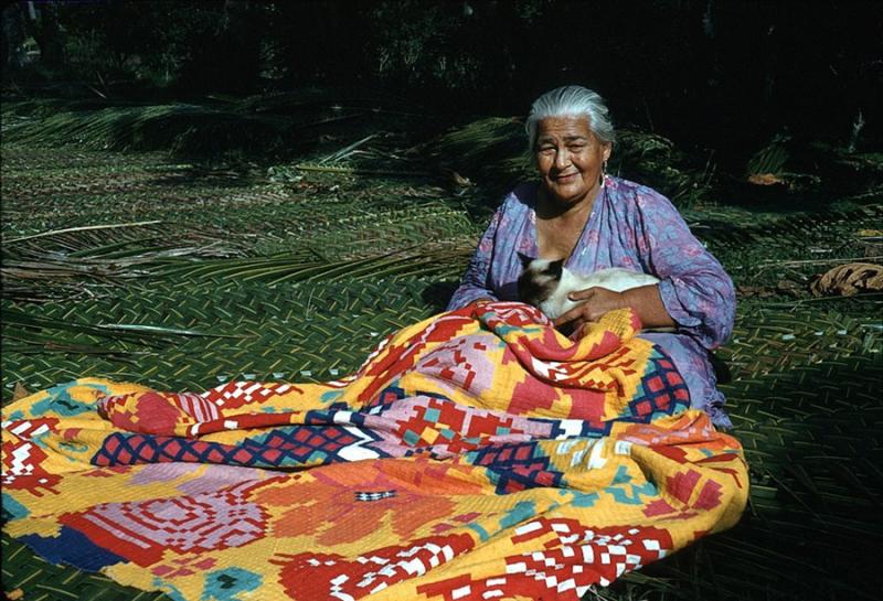 A Cook Islands woman making a blanket.