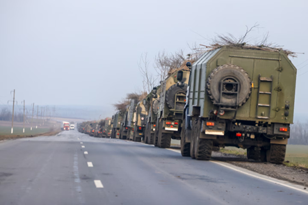 Military vehicles in Rostov, Russia, move toward the border in the Donbas region of eastern Ukraine.