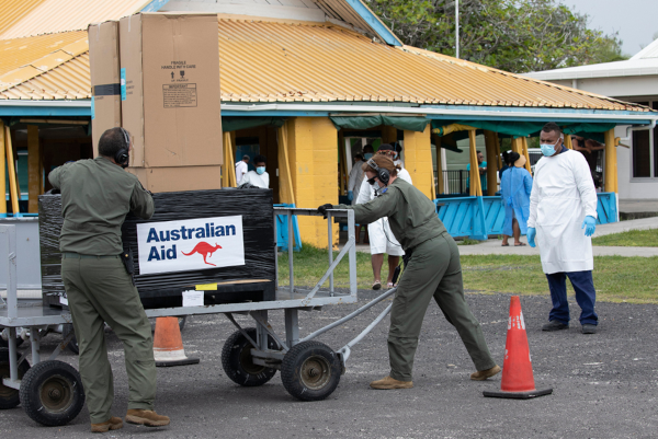 No. 35 Squadron deliver humanitarian and disaster relief stores from a C-27J Spartan aircraft in Tuvalu