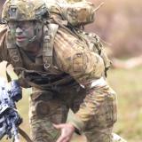 A Staff Cadet from Training Team - Bravo, Royal Military College Duntroon moves to adopt a new fire position in the assault of Objective Hammer during Exercise Foundation War Fighter in Puckapunyal Victoria.