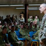 Major General Robert White speaks with members of Task Group Taji during his visit to the Taji Military Complex, Iraq.