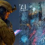 An AI generated soldier working on a technological device.