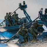 Australian Army soldiers from 2nd Commando Regiment move out towards an off-shore target in rigid-hulled inflatable boats (RHIB) during counter-terrorism training in Sydney in May 2019.