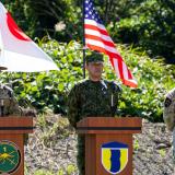 Commander 3rd Brigade, Australian Army, Brigadier Ben McLennan delivers remarks along-side Commanding General of the Japan Middle Army 3rd Division, Lieutenant General Sato and United States Army Japan, Colonel Joseph Jackson during the closing ceremony of Exercise Orient Shield 2025, at the Sekiyama Training Area in Japan.