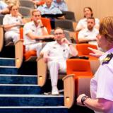 Warrant Officer of the Navy, Deb Butterworth OAM, CSM and Bar, speaks at the Chief of Defence Force Leadership Forum at RAAF Base Amberley in Queensland.