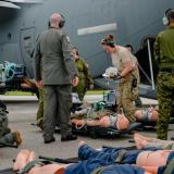 Clinicians from the Royal Australian Air Force, Royal New Zealand Air Force, Royal Air Force, United States Air Force and Royal Canadian Air Force conduct an aero-medical evacuation as part of Exercise Mobility Guardian 2025.