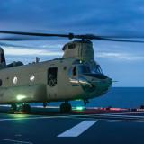 An Australian Army CH-47F Chinook conducts pre-flight preparations on HMAS Canberra.