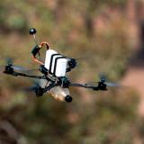 A drone operated by an Australian Army soldier conducts low-level manoeuvres.